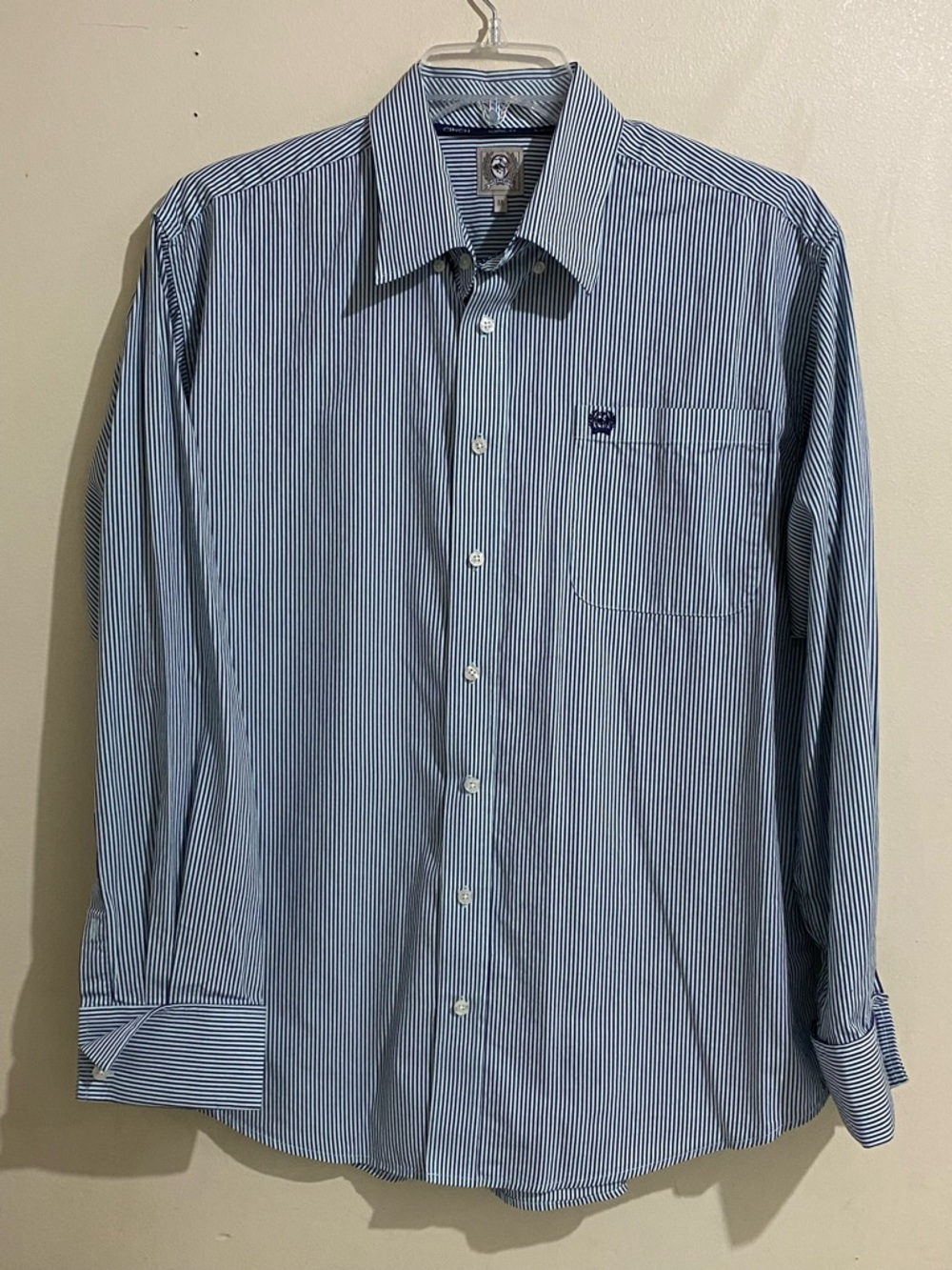 Cinch Blue Striped Dress Shirt Button Down Pocket Size M Flip Cuff